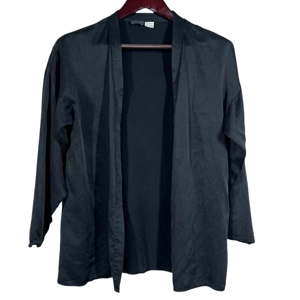 Levante 100% Silk Open Front Overblouse Womens S Black Lightweight Flowy Vintage